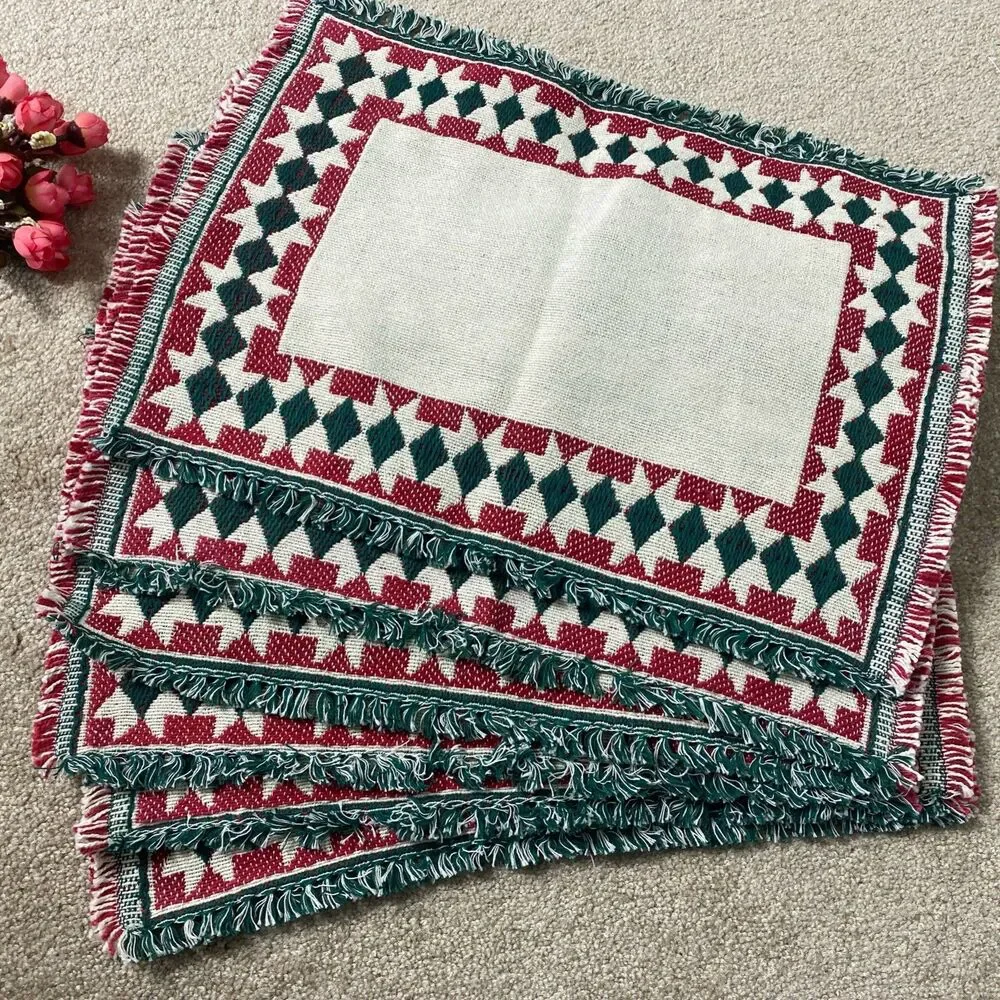 6‎ VTG Woven Decorative Placemats Red Green Geometric Fringe Boho Retro Rustic